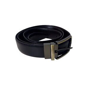 Perry Ellis Mens Black Leather Belt With Gold Buckle Waist Size 46/100 Classic D